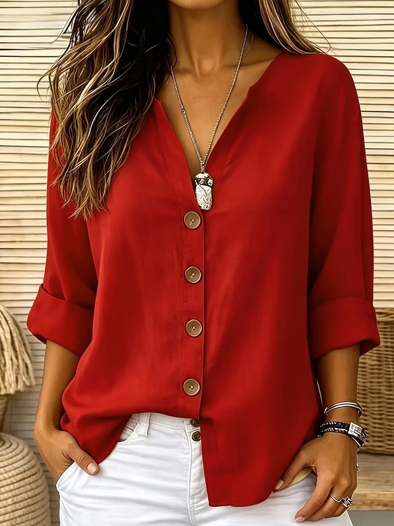 Womens V-neck Cotton-Linen Button-Down T-shirt Top NorixaFashion.com