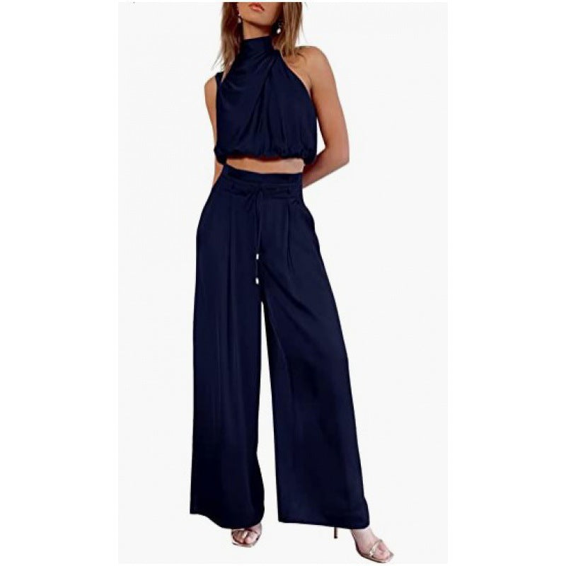 Summer Suits Casual Sleeveless Midriff-baring Top And Wide Leg Pants 2pcs Set Womens Clothing NorixaFashion.com