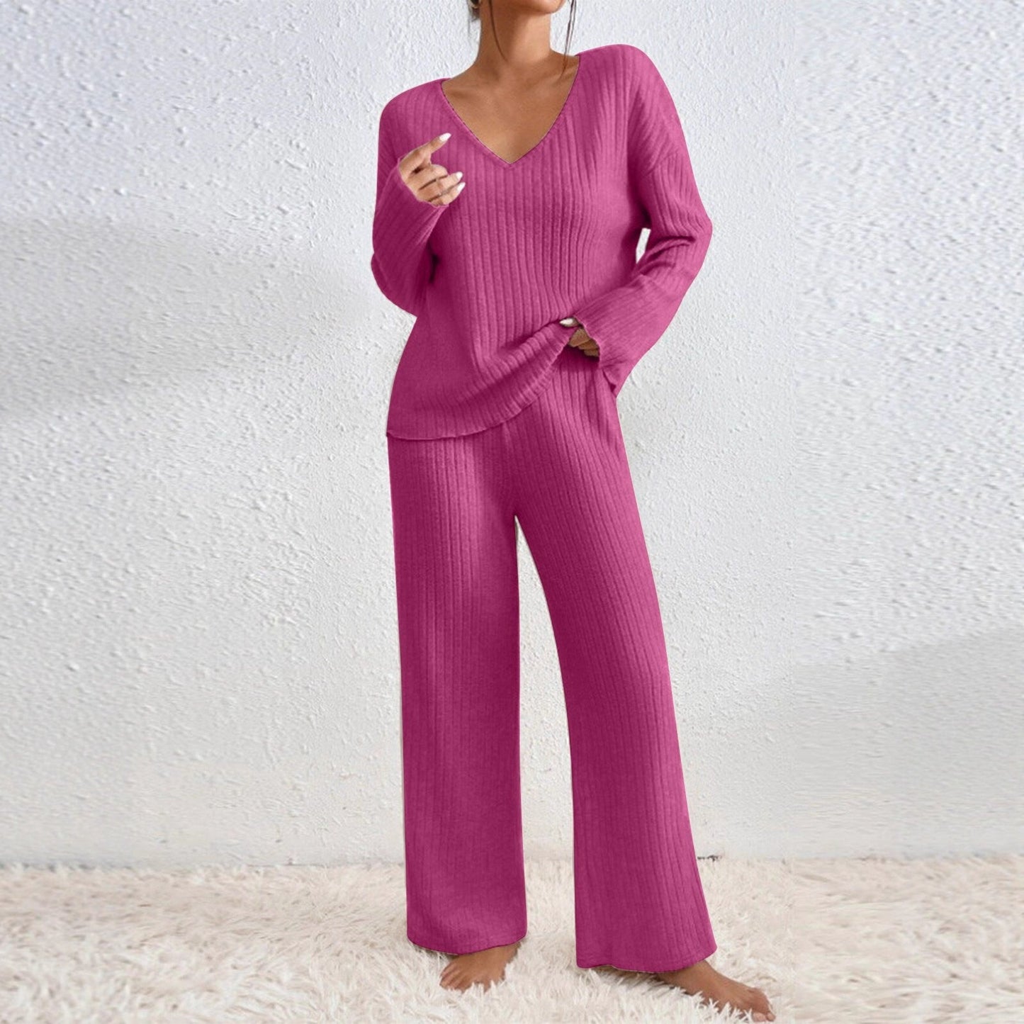 Long Sleeve V-neck Knitted Sunken Stripe Brushed Loose Leisure Suit LadyShow.Store