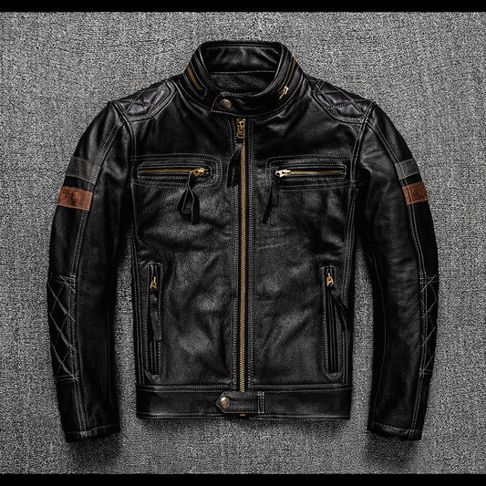Men's Genuine Leather Biker Jacket with Protective Gear Pi-Mart