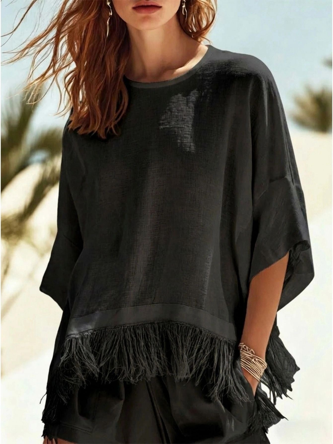 Womens Tassel-Patched Crew-Neck Cotton-Linen Top Shirt NorixaFashion.com