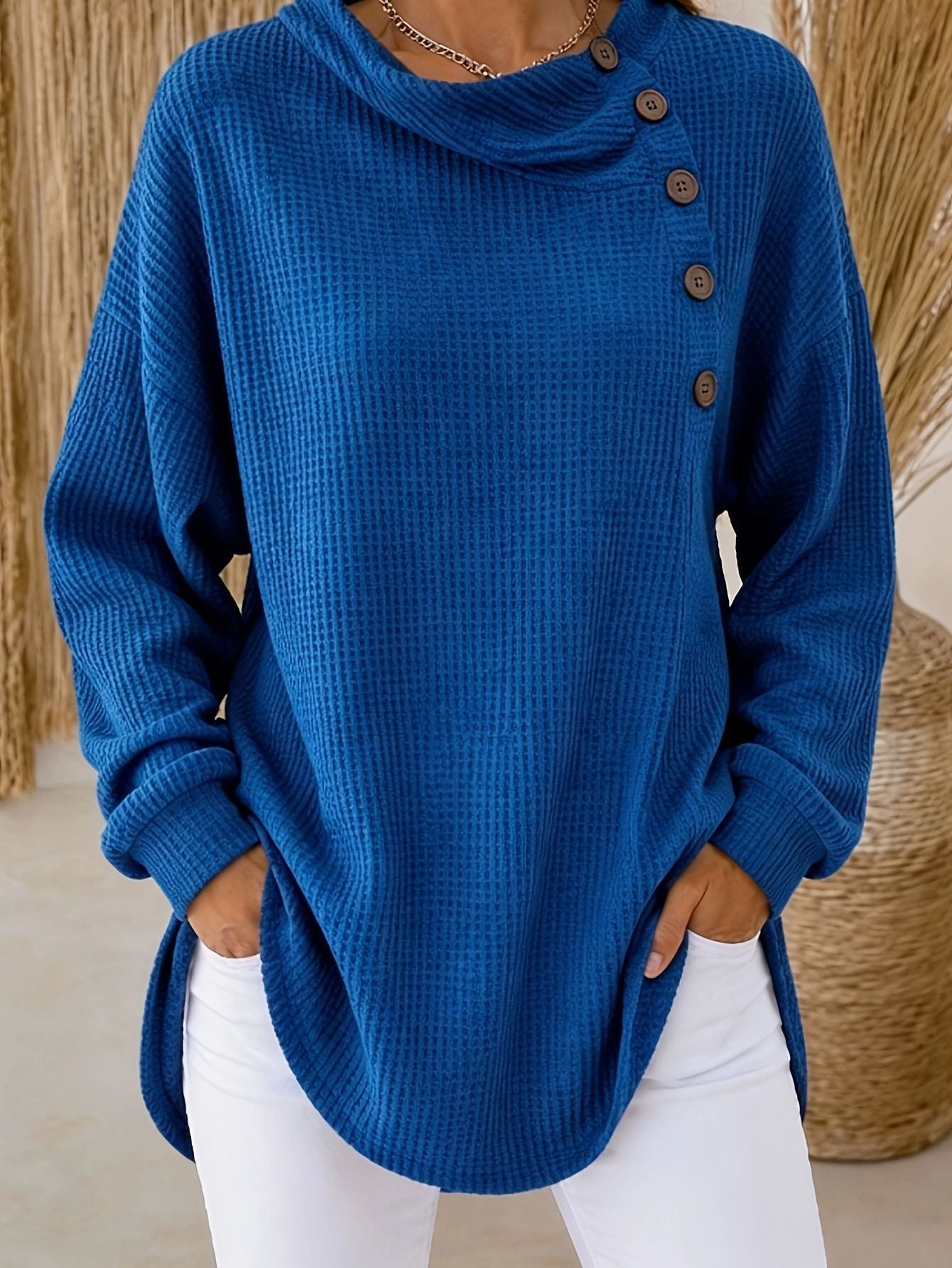 Womens Solid-Color Waffle-Weave Long-Sleeve Button-Up Casual Shirt Comfortable Top NorixaFashion.com