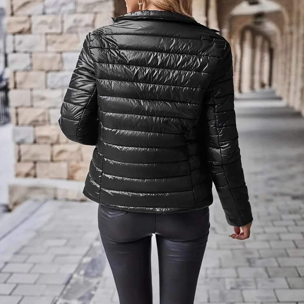 Stand Collar Zipper Pocket Cotton Coat Jacket Women NorixaFashion.com