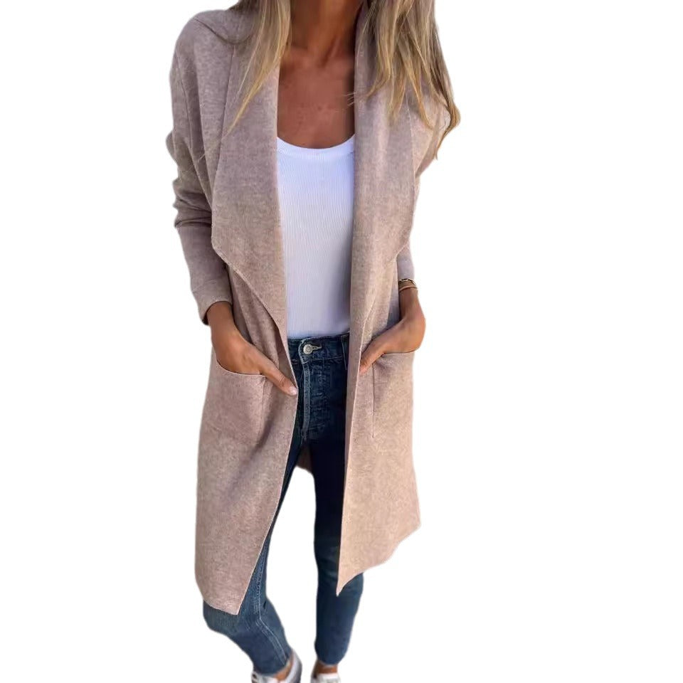 Fall And Winter Lapels Mid-length Knitted Cardigan Thin Woolen Coat LadyShow.Store