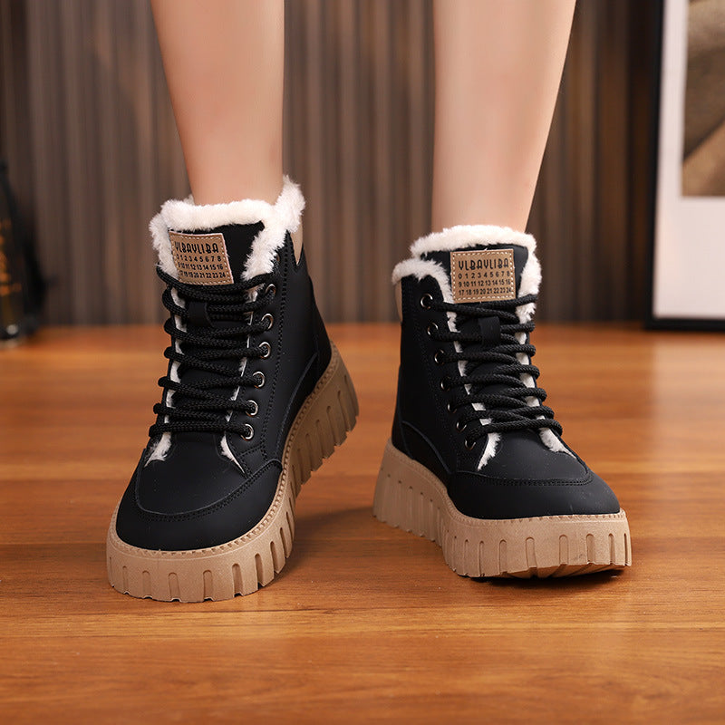 Ins Lace-up Snow Boots Winter Warm Fleece Flat Shoes For Women Fashion Casual Plush Ankle Boot CJD