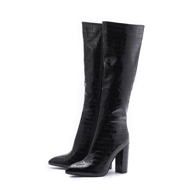 Fashion Boots Winter Pointed Toe High Square Heel Shoes With Side Zipper Mid-calf Boots Women LadyShow.Store