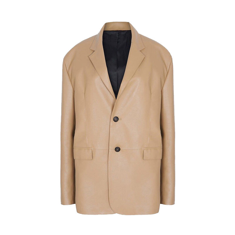 Women's Protein Leather Loose Profile Long-sleeved Cardigan Casual Jacket Best YouTube Store