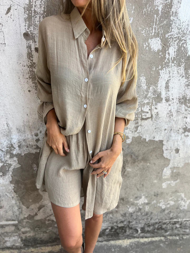 2pcs Loose Long-sleeved Shirt Suit With Lapel Button Tops And Elasticated Shorts Fashion Casual Clothing For Women NorixaFashion.com