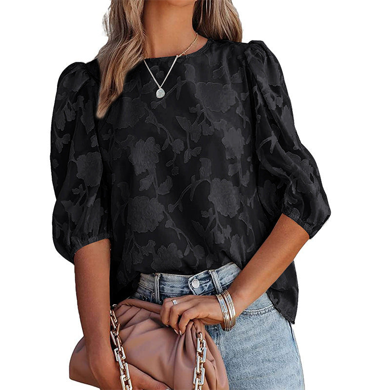 Women's Puff Sleeve Chiffon Loose Top Flower Texture Shirt NorixaFashion.com