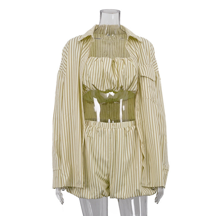 Women's Striped 3 Piece Outfit Set&Oversized Button Down Shirt&Crop Tube Top&Elastic Shorts&Yellow Casual Loungewear NorixaFashion.com