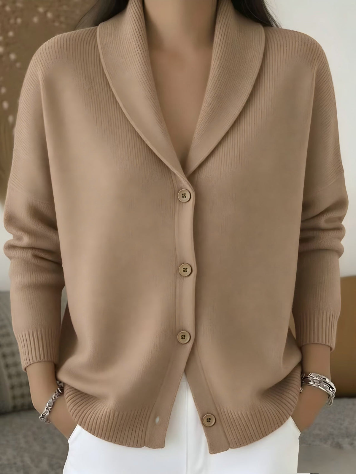 Womens Knitted Cardigan Loose-Fit Lazy Style Soft And Cozy Notch Lapel Solid Color Long-Sleeve Sweater NorixaFashion.com