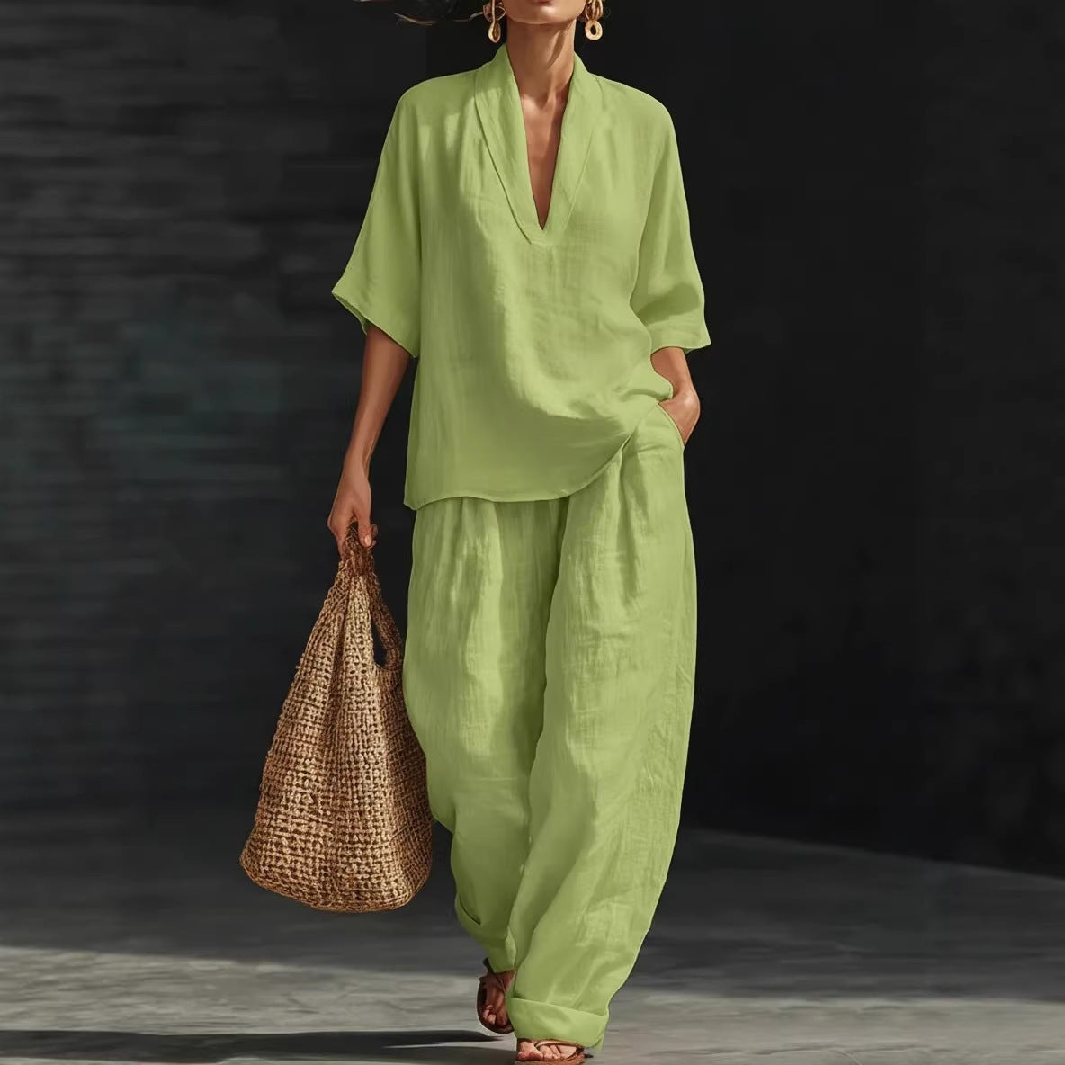 Women's Casual Simple Linen Two-Piece Set NorixaFashion.com