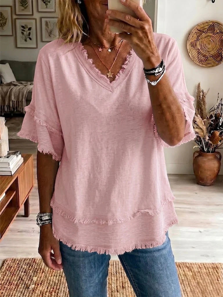 Casual Women's Shirt V-Neck Short Sleeve Loose Fit Pure Color Summer Fashion Trend Pullover Tops For Daily Wear LadyShow.Store