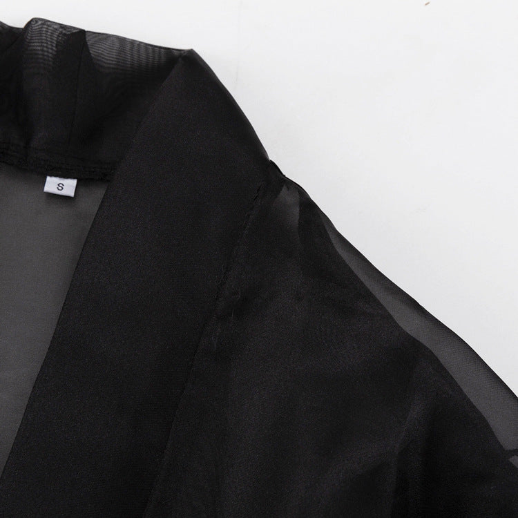 Black Sheer Puff Sleeve V-neck Tie-front Top NorixaFashion.com