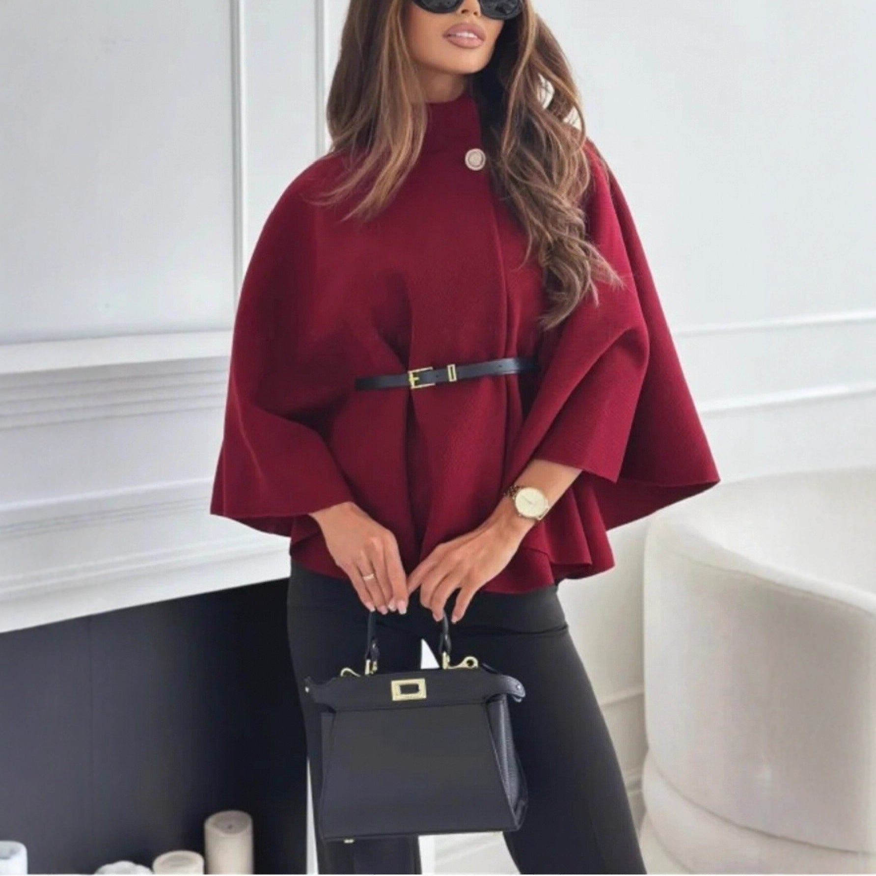 New Stand Collar Batwing Sleeves Cloak Top With Belt Ins Fashion Temperament Jacket Woolen Sweater Outwear For Women Clothing LadyShow.Store