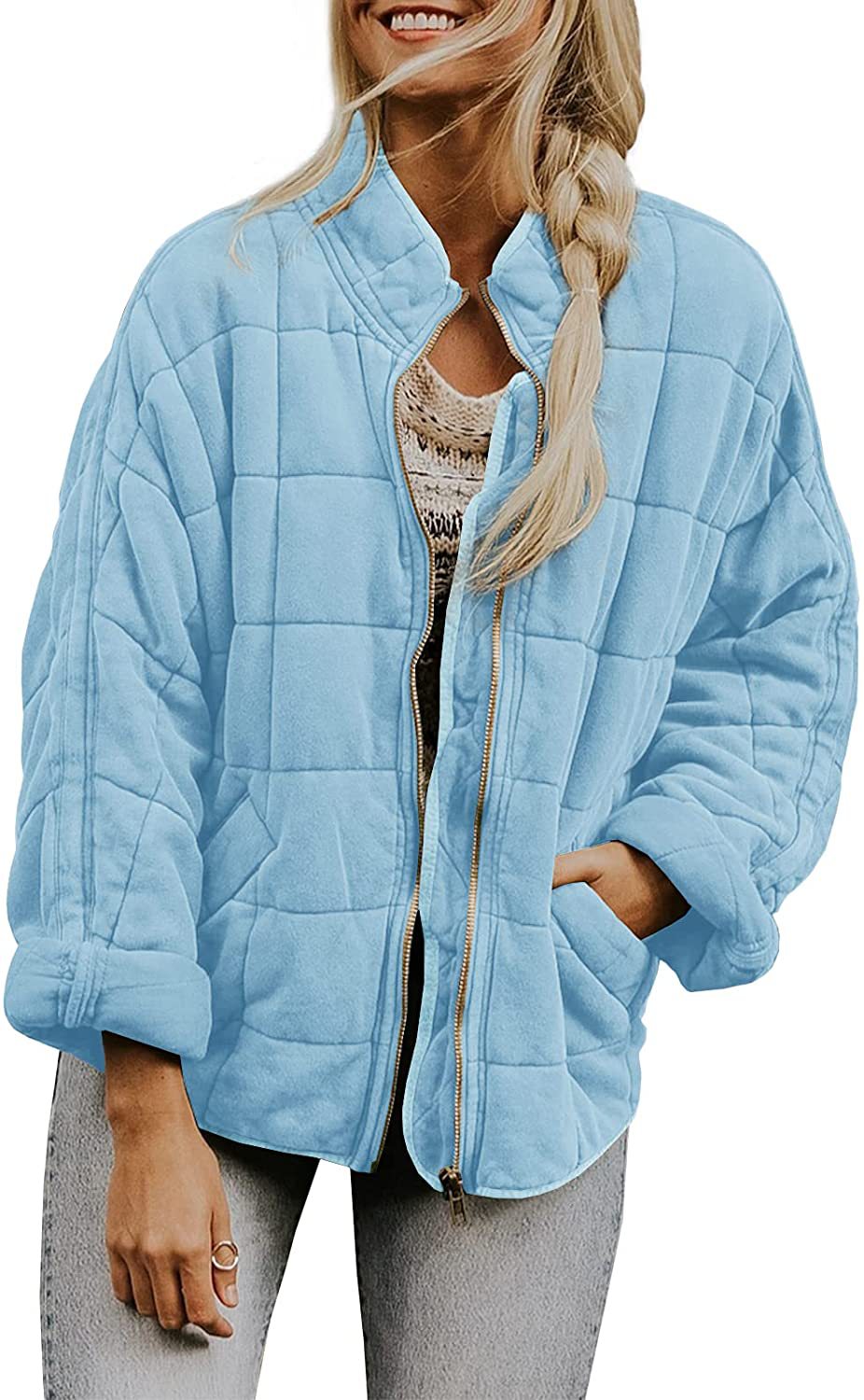 Winter Zip-up Stand Collar Coat With Pockets Fashion Solid Color Plaid Long Sleeved Jacket Women's Clothing LadyShow.Store