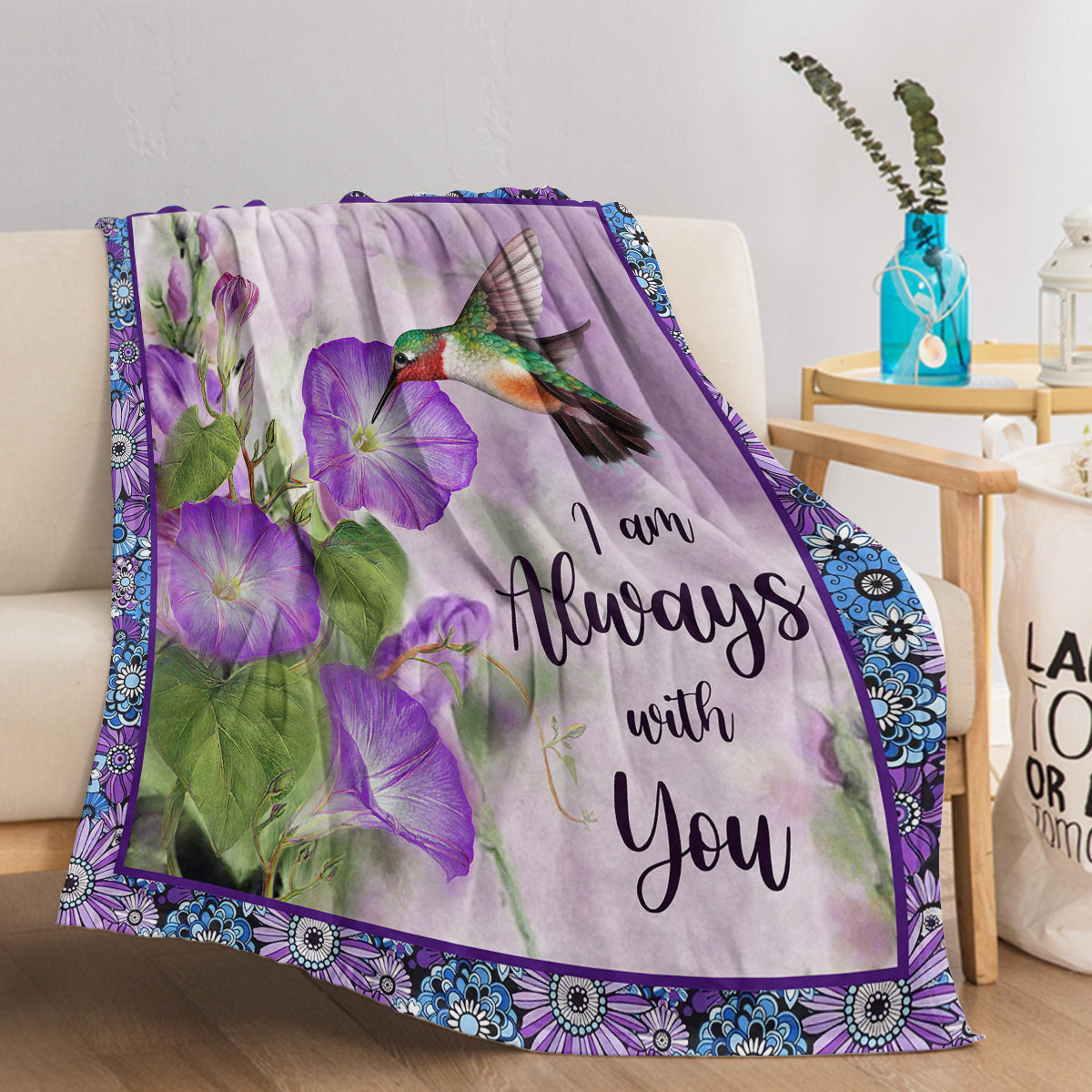 1pc Purple Morning Glory Hummingbird Print Flannel Blanket, Comfortable And Warm Home Throw For Bed, Sofa, Camping, And Multi-Scene Use With Seasonal Versatility PearlNestDecor.com