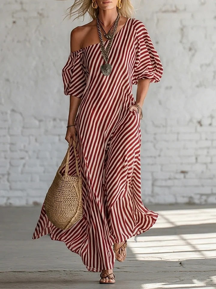 Womens Striped Off-shoulder Dress LadyShow.Store