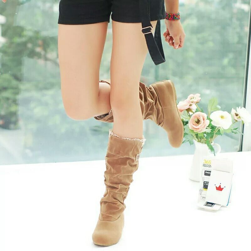 Large Size Flat Bottom Round Toe Mid-calf Lace Suede Pleated Dr Martens Boots LadyShow.Store