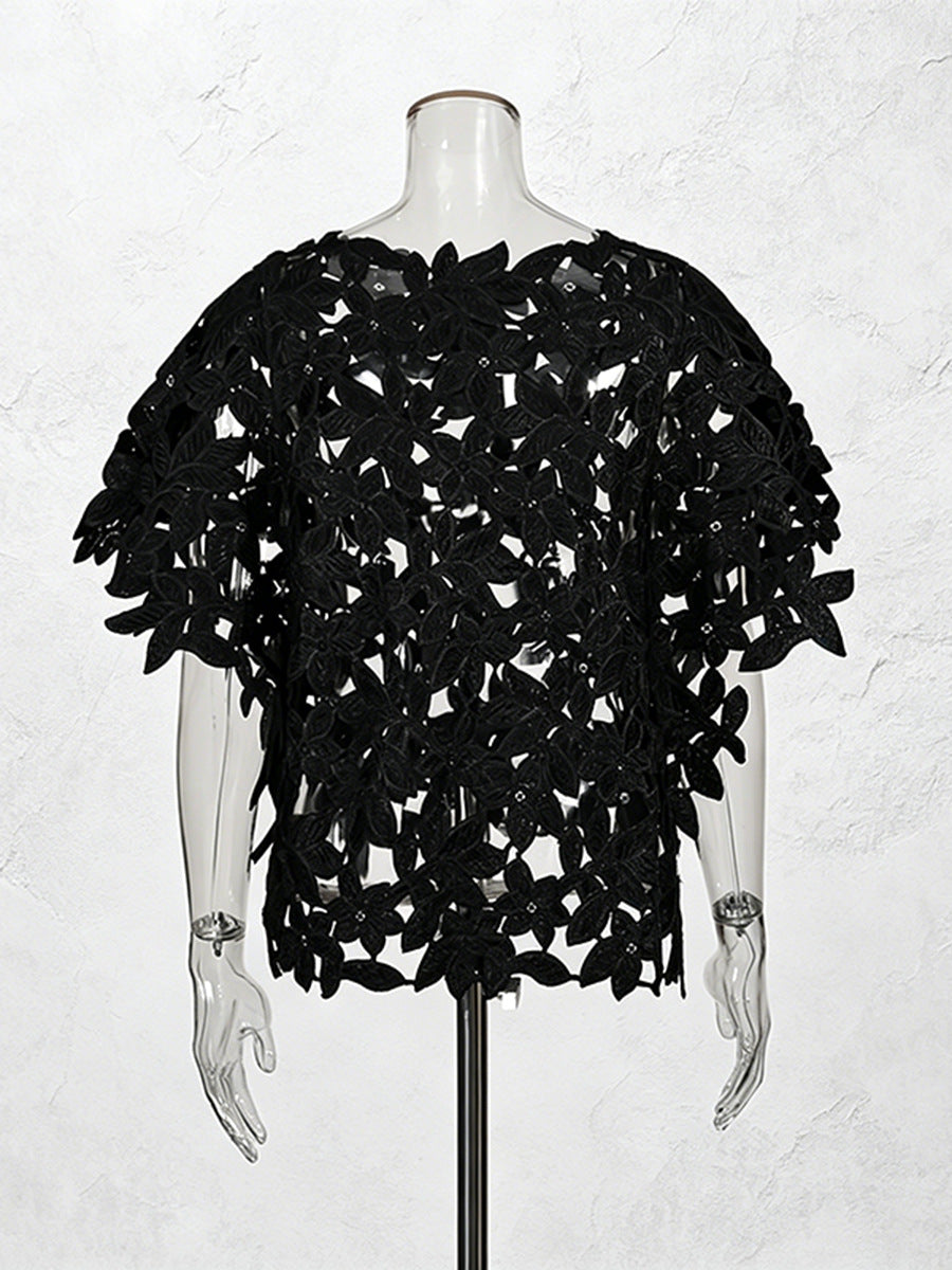 Black Floral Lace Cut-Out Short Sleeve Top NorixaFashion.com