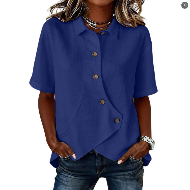 Summer Asymmetrical Shirt Solid-color Loose-fitting Lepal Tops Women's Clothing NorixaFashion.com
