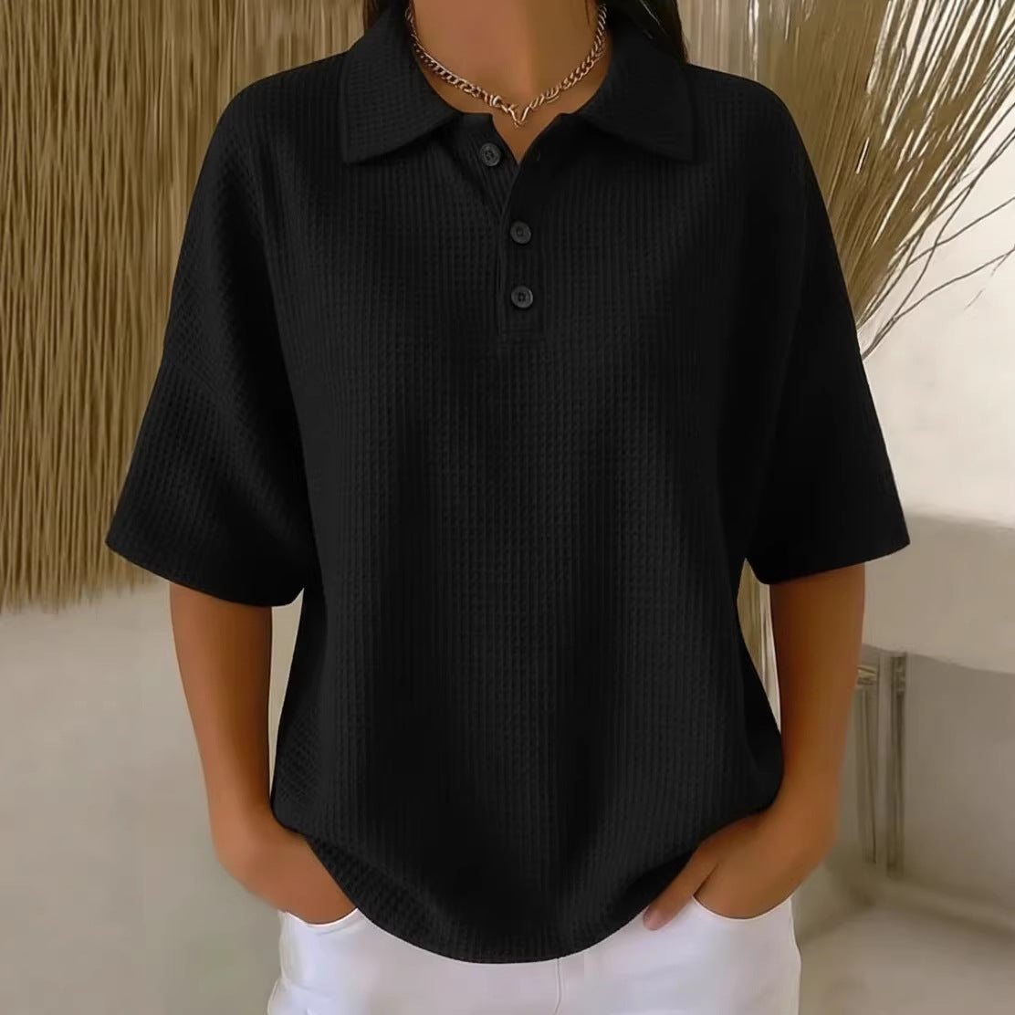 Women's Casual Loose Comfortable Lapel-Neck T-Shirt With Buttons NorixaFashion.com