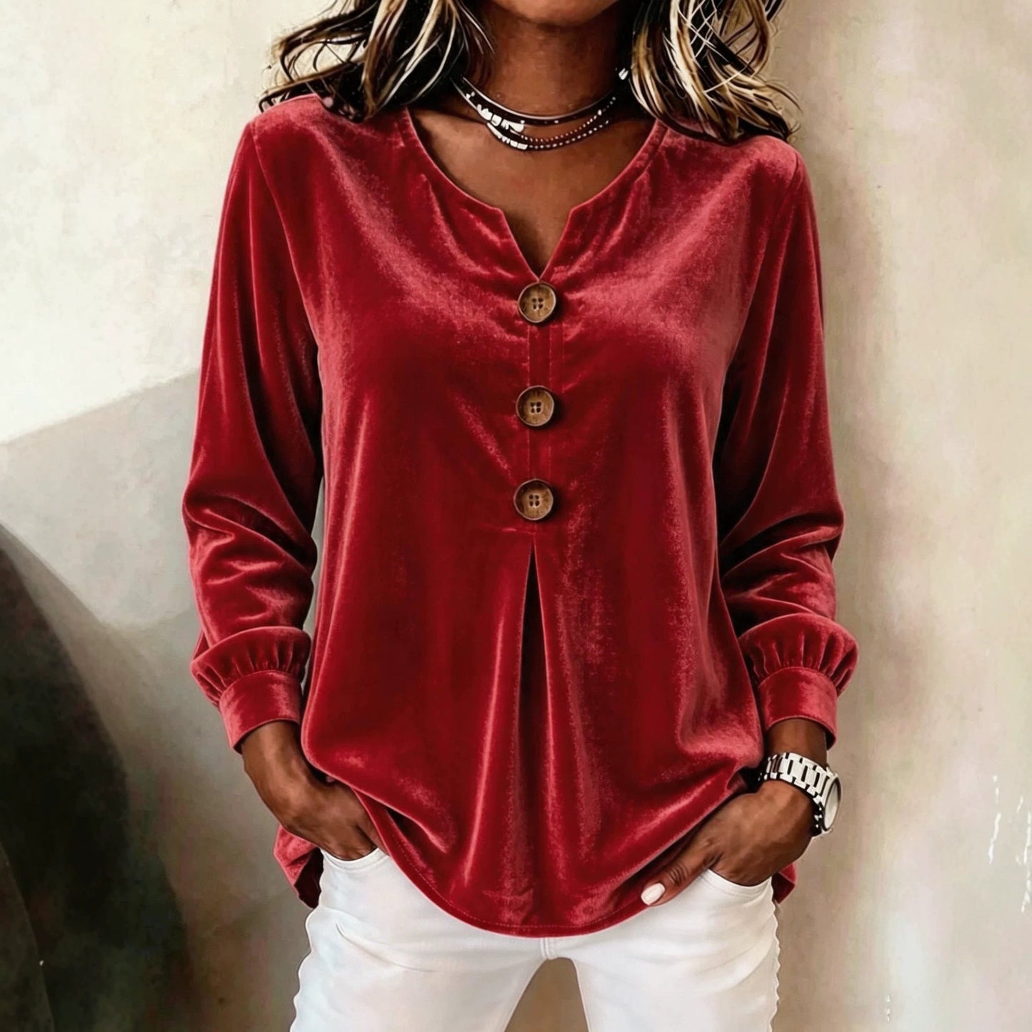 Elegant V-neck Buttoned Long-sleeve Velvet Blouse For Women NorixaFashion.com