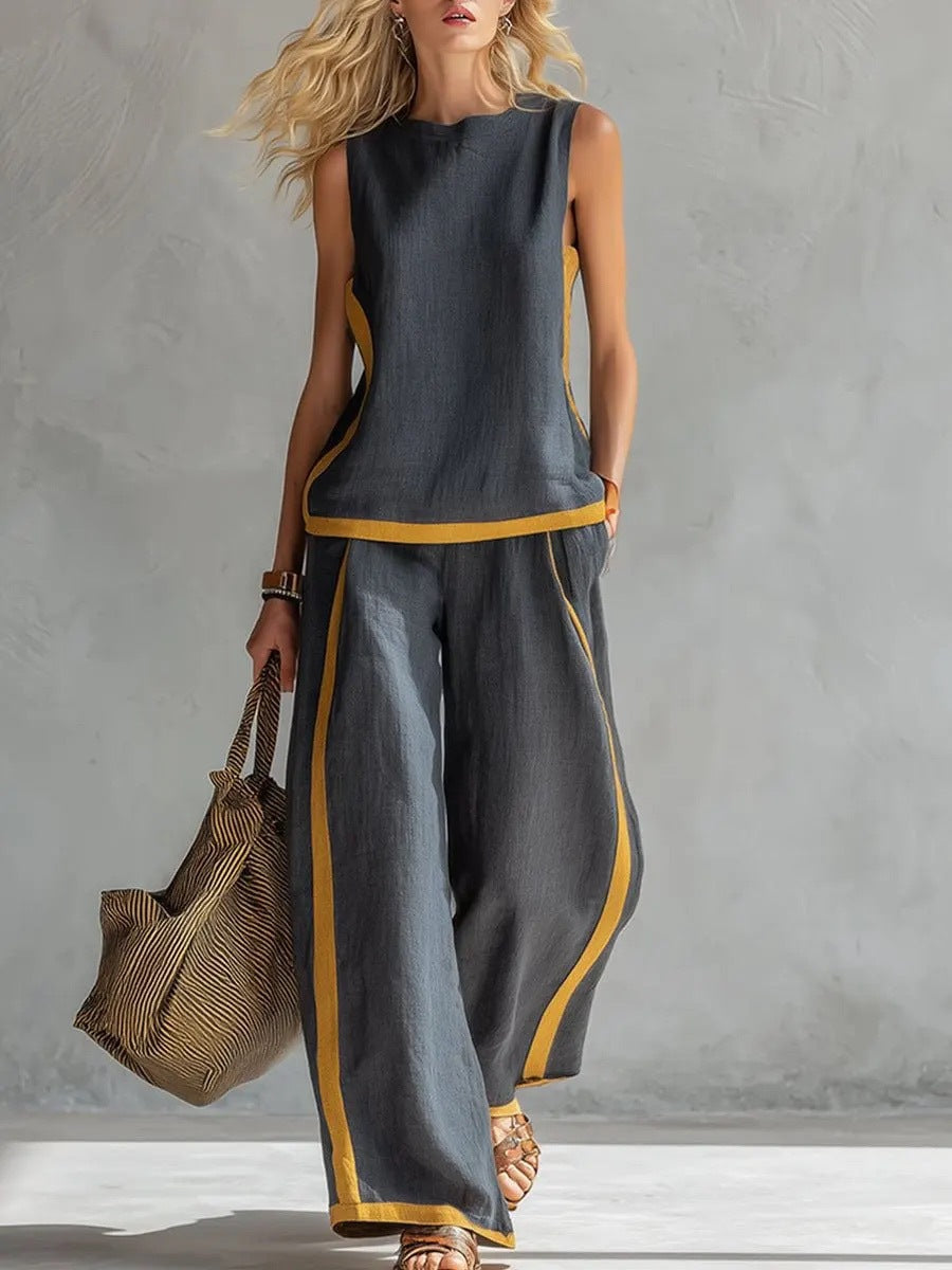 Summer Suits Round-neck Sleeveless Vest Top And High-waist Wide-leg Pants Casual Loose Set NorixaFashion.com
