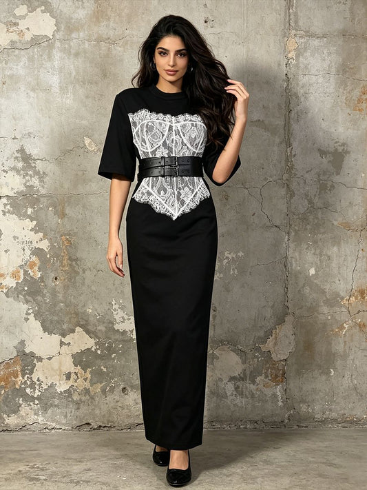 Contrast Lace Corset Panel Midi Bodycon Dress With Wide Belt NorixaFashion.com