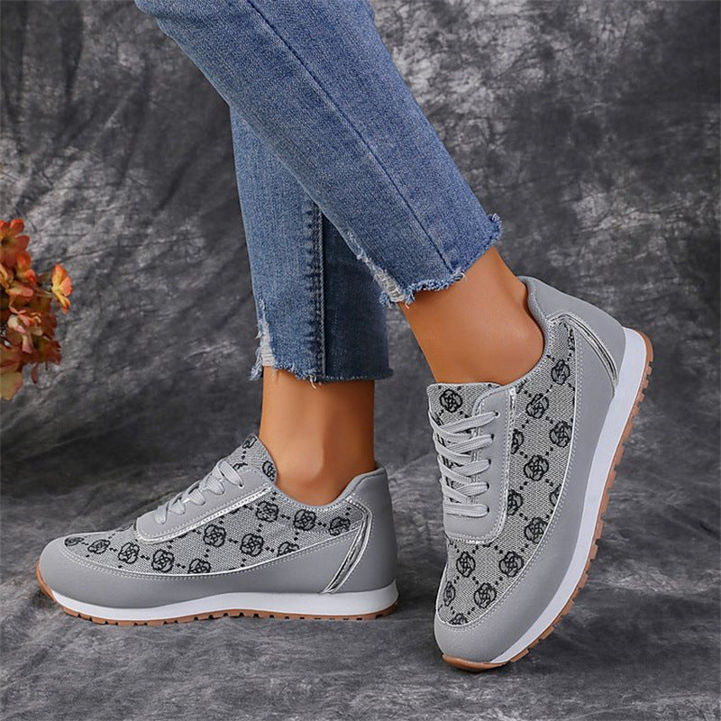 Flower Print Lace-up Sneakers Casual Fashion Lightweight Breathable Walking Running Sports Shoes Women Flats CJD