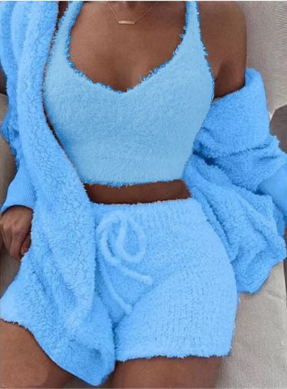 3pcs Womens Clothing Long Sleeve Crop Tank Top And Drawstring Shorts Pajama Set NorixaFashion.com