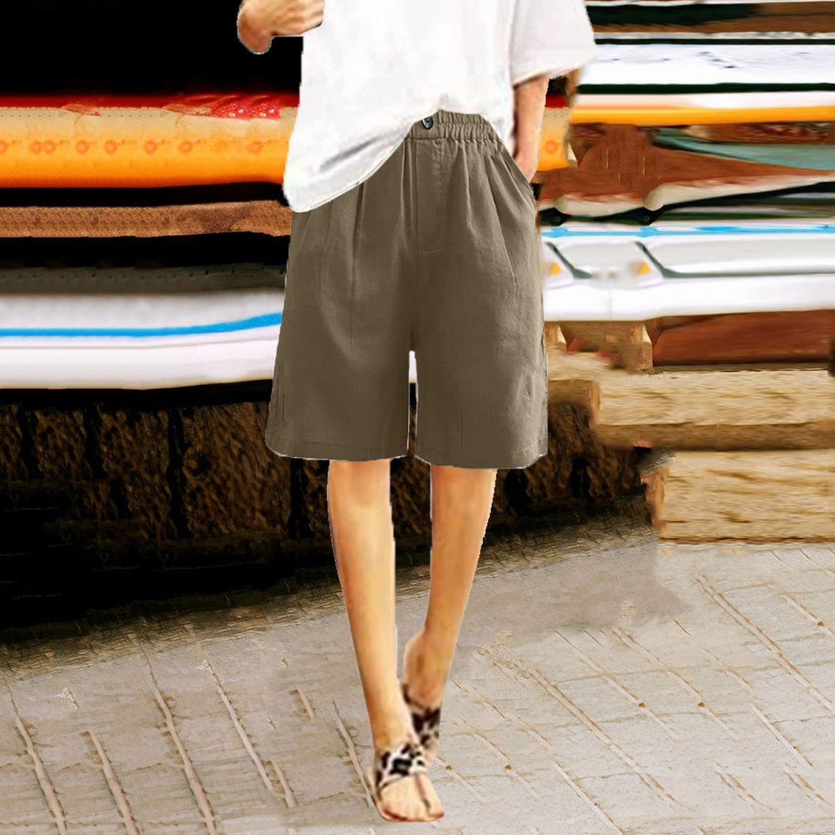 Women's Cotton And Linen Cropped Loose High Waist Shorts NorixaFashion.com