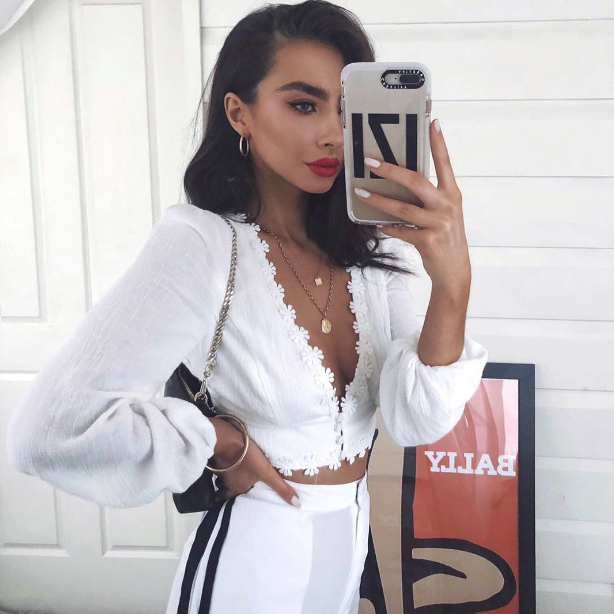 Elegant V-Neck Lace Cropped Top NorixaFashion.com
