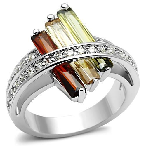 3W025 - Rhodium Brass Ring with AAA Grade CZ  in Multi Color LuxuryLifeWay Online Store