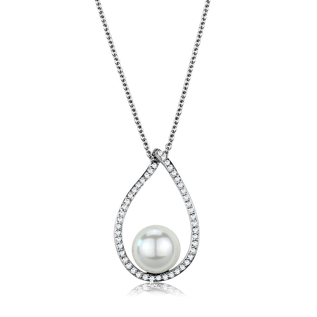 3W1036 - Rhodium Brass Chain Pendant with Synthetic Pearl in White LuxuryLifeWay Online Store
