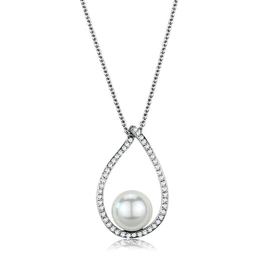 3W1036 - Rhodium Brass Chain Pendant with Synthetic Pearl in White LuxuryLifeWay Online Store