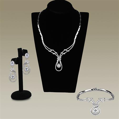 3W1095 - Rhodium Brass Jewelry Sets with AAA Grade CZ  in Clear LuxuryLifeWay Online Store