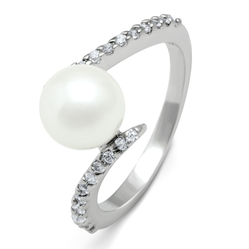 3W126 - Rhodium Brass Ring with Synthetic Pearl in White LuxuryLifeWay Online Store