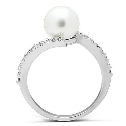3W126 - Rhodium Brass Ring with Synthetic Pearl in White LuxuryLifeWay Online Store