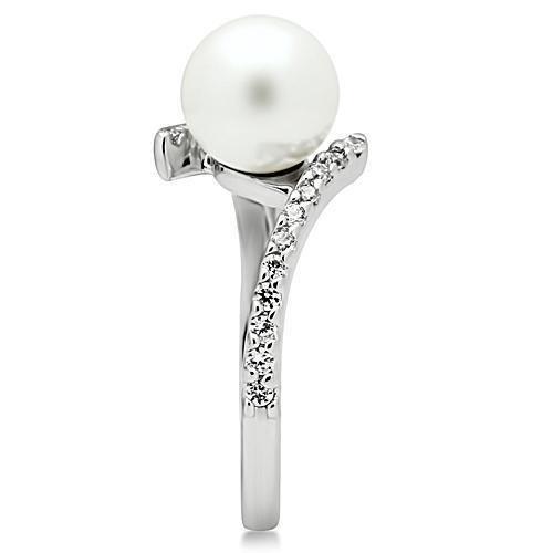 3W126 - Rhodium Brass Ring with Synthetic Pearl in White LuxuryLifeWay Online Store