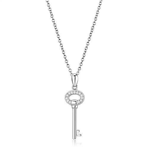 3W1379 - Rhodium 925 Sterling Silver Chain Pendant with AAA Grade CZ  in Clear LuxuryLifeWay Online Store