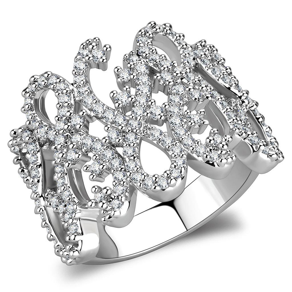 3W1443 - Rhodium Brass Ring with AAA Grade CZ  in Clear LuxuryLifeWay Online Store