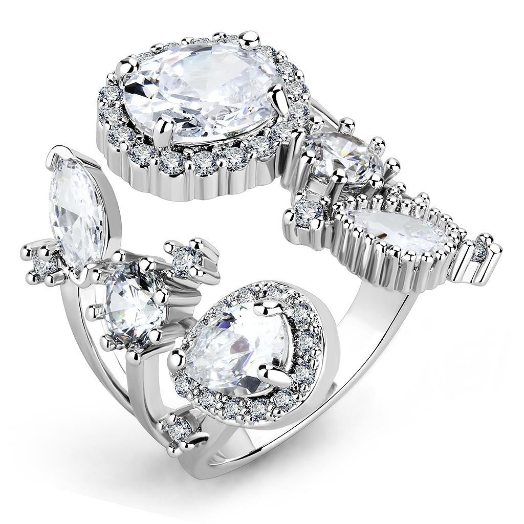 3W1454 - Rhodium Brass Ring with AAA Grade CZ  in Clear LuxuryLifeWay Online Store