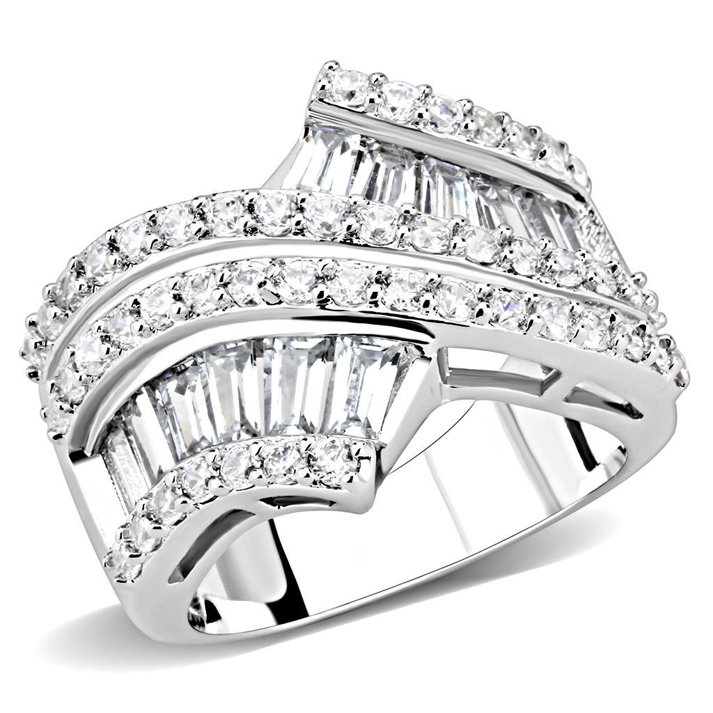 3W1501 - Rhodium Brass Ring with AAA Grade CZ  in Clear LuxuryLifeWay Online Store