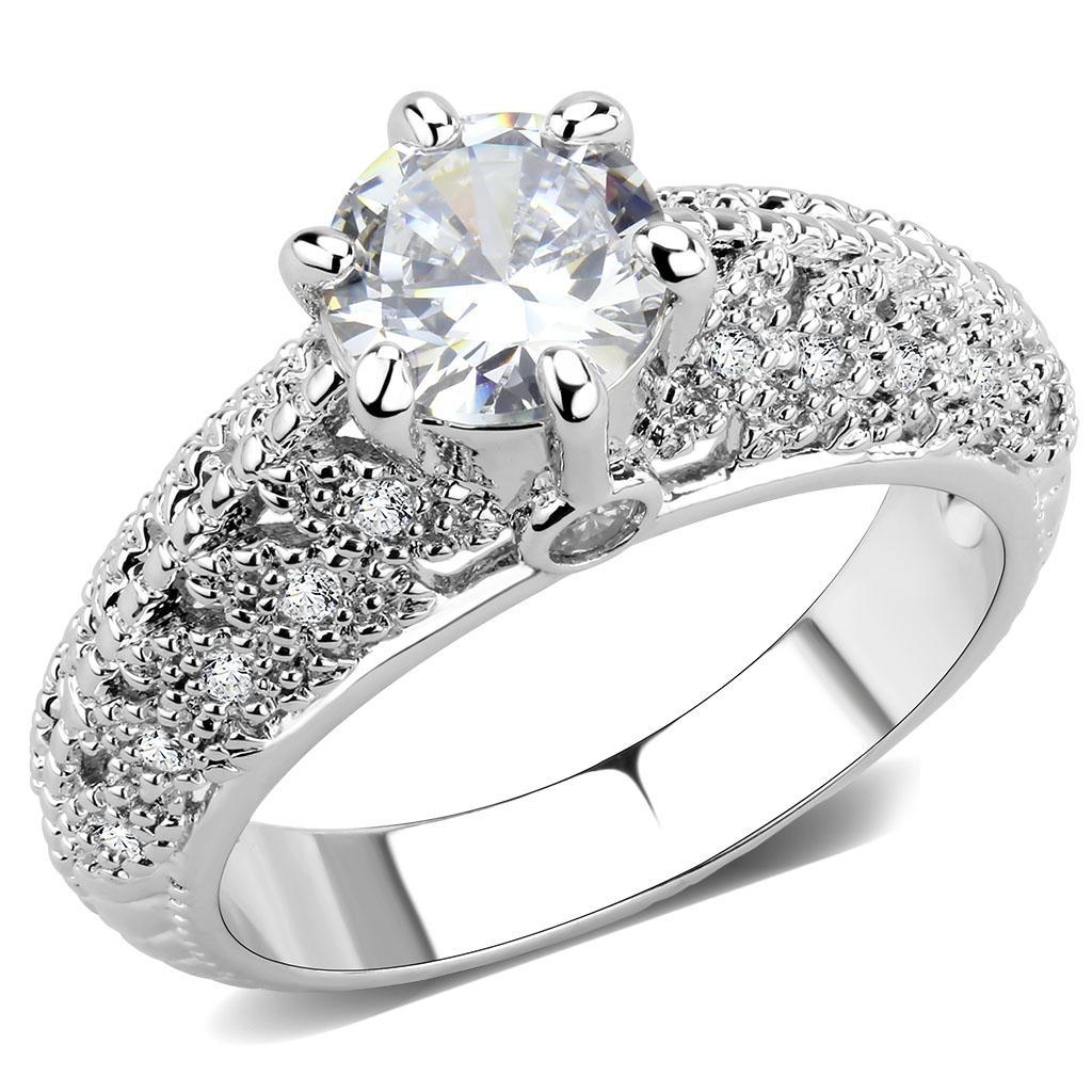 3W1576 - Rhodium Brass Ring with AAA Grade CZ  in Clear LuxuryLifeWay Online Store