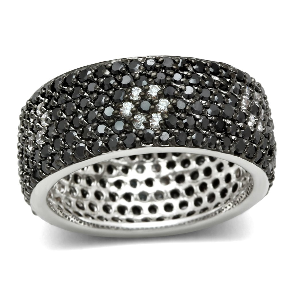 3W158 - Rhodium + Ruthenium Brass Ring with AAA Grade CZ  in Jet LuxuryLifeWay Online Store