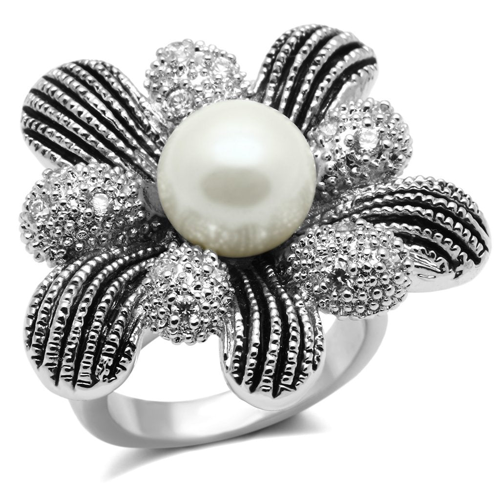 3W294 - Rhodium Brass Ring with Synthetic Pearl in White LuxuryLifeWay Online Store
