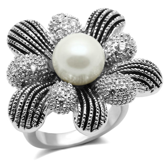 3W294 - Rhodium Brass Ring with Synthetic Pearl in White LuxuryLifeWay Online Store