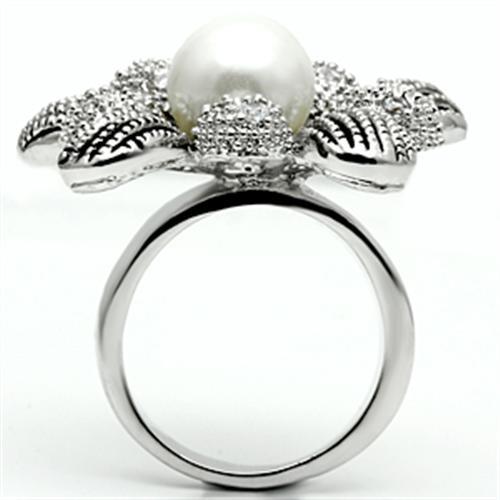 3W294 - Rhodium Brass Ring with Synthetic Pearl in White LuxuryLifeWay Online Store