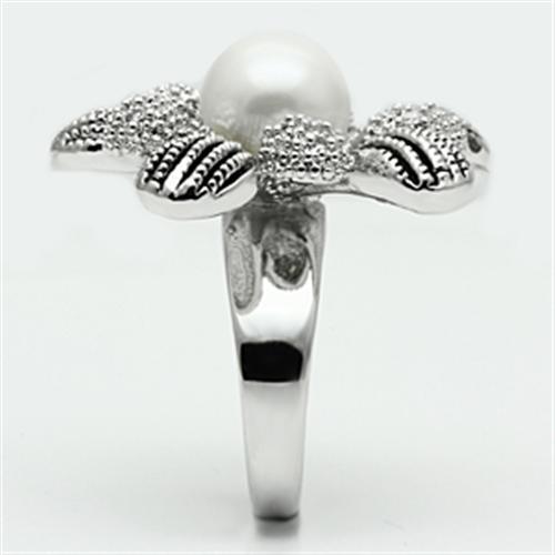 3W294 - Rhodium Brass Ring with Synthetic Pearl in White LuxuryLifeWay Online Store